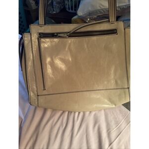 Hobo Affinity Leather Handbag Beige/stone With Brown Stitching